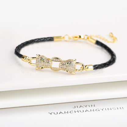 15 Style Hot Sale Shiny Zirconia Animal Leopard Head Leather Braided Bracelet Hip Hop for Men Women Fashion Jewelry Accessories