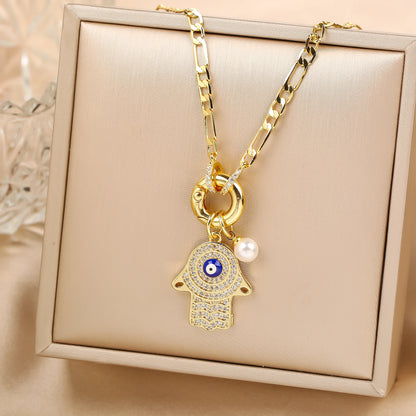 Punk Style Full Zirconiac Evil Eye Palm Pearl Pendant Necklace Luxury For Man Woman Daily Wear Clavicle Chain Jewelry Party Gift