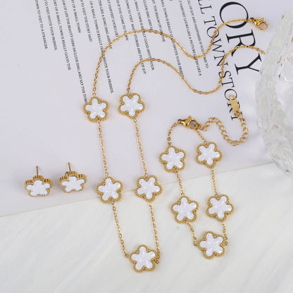 Simple Stainless Steel Laser Plum Blossom Five Leaf Flower Bracelet Necklace Earrings Jewelry Set Women's Party Jewelry Clover