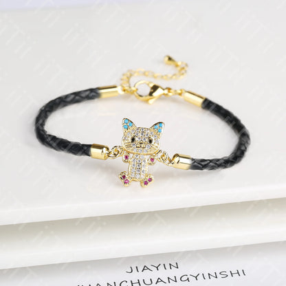 High Quality Zirconia Puppy Snake Elephant Cat Leopard Animal Theme Leather Rope Braided Bracelet for Man Woman Party Jewelry
