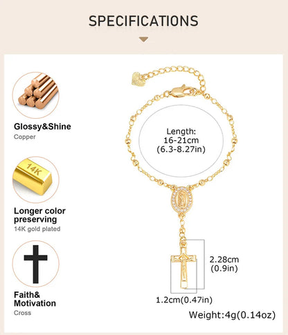 Catholic Cubic Zirconia Rosary Cross Beaded Link Bracelets, Oval Jesus Coss Jewelry, Religion Gold Plated Bracelet