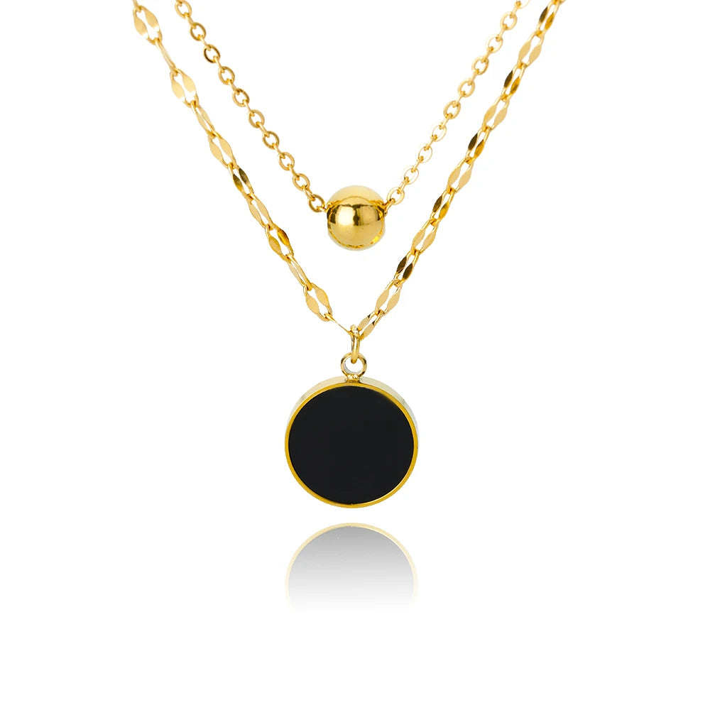 Black Round Pendant Necklaces For Women Stainless Steel Double Layer Hollow Clavicle Chain Collar Necklace Wedding Punk Jewelry