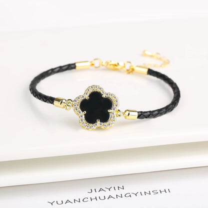 INS Hot Sale Shiny Zirconia Five-Leaf Flower Leather Adjustable Bracelet Classic Stone Plumeria Bracelet For Woman Jewelry Gift