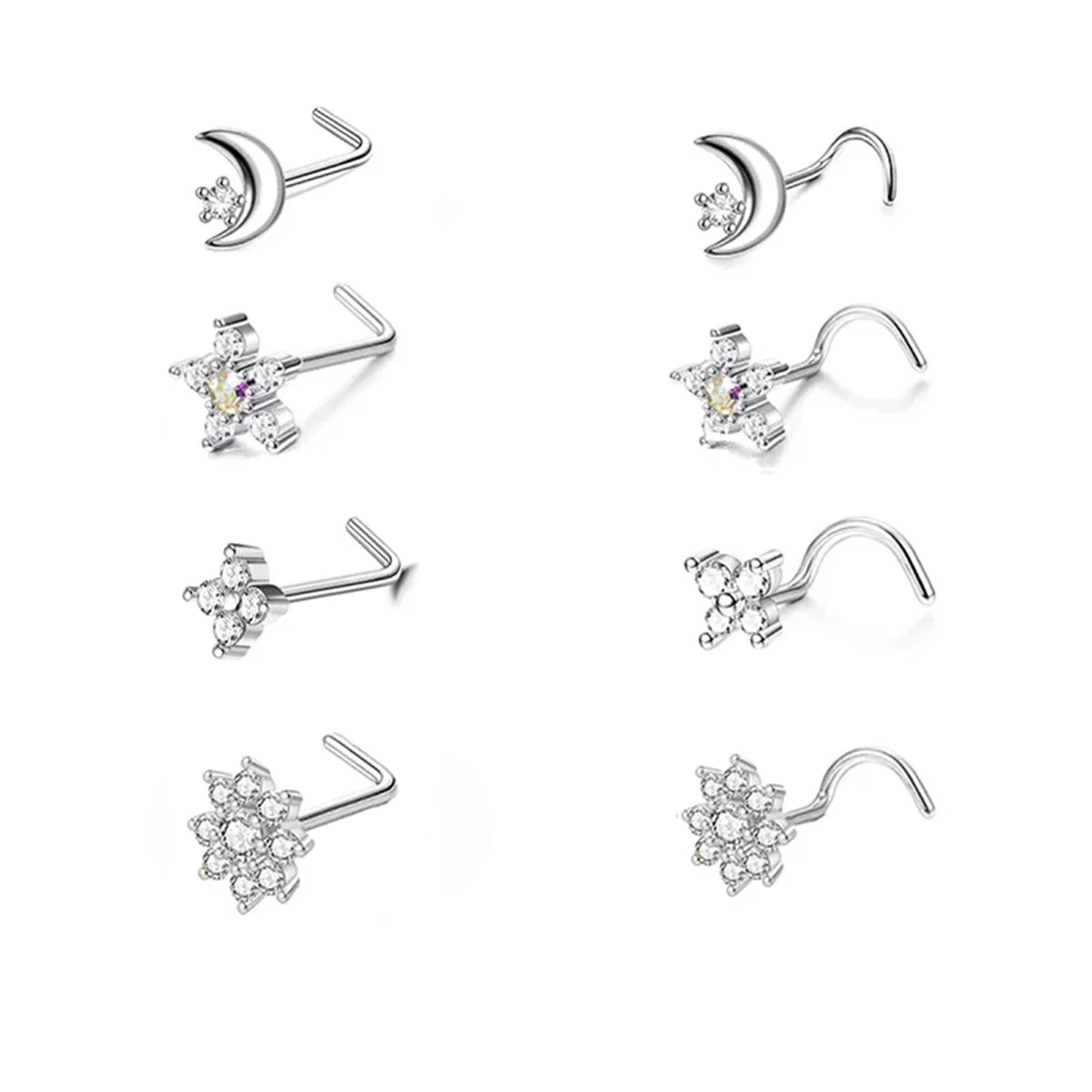 8Pcs 20G Fashion 316L Stainless Steel L Shape Nose Screw,CZ Hypoallergenic Nose Rings Studs Hoop Body Piercing Jewelry