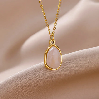 Oval Opal Pendant Necklace For Women Stainless Steel Gold Color Chain Collar Cute Lucky Jewelry Birthday Gift New Free Shipping