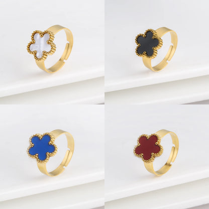High Quality Stainless Steel Shell Acrylic Five Leaf Flower Open Ring Simple For Man Woman Fashion Party Finger Jewelry Clover