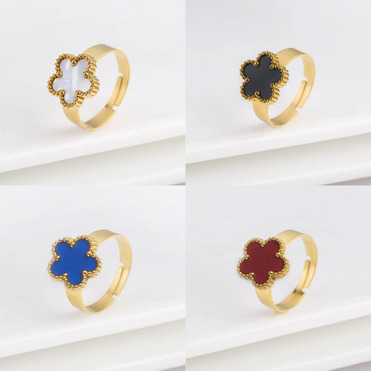 High Quality Stainless Steel Shell Acrylic Five Leaf Flower Open Ring Simple For Man Woman Fashion Party Finger Jewelry Clover