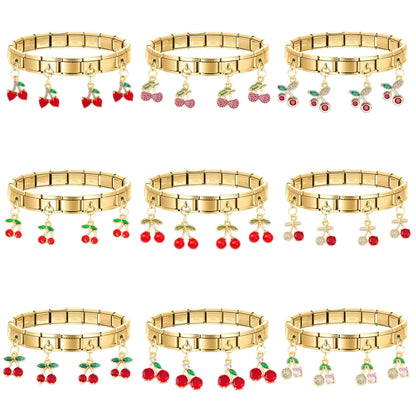 Geometric Square Stainless Steel Elastic Strap Bangle Bracelets for Women Strawberry Cherry Pendant Bracelets Hand Jewelry Gift