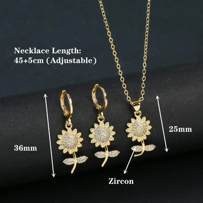 3pcs Lucky Plant Sunflower Rose Flower Necklace Jewelry Set Bracelet Earrings Charming for Women Girls Party Birthday Jewelry