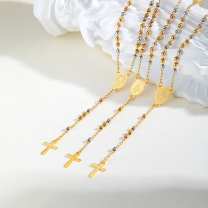 Tri-color Beaded Virgin Mary Y-shaped Necklace, Holy Spirit Cross Pendant Necklace for Women, Stainless Steel Religious Jewelry