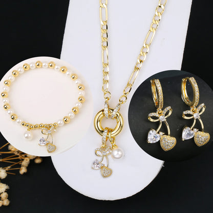 3pcs Hot Sale Shiny Zirconia Crystal Cherry Necklace Bracelet Earrings Jewelry Set Fashion for Woman Girl Wedding Lucky Jewelry