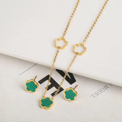 3pc New Design Single-Sided Plant Five Leaf Flower Hollow Bracelet Necklace Earring Set Stainless Steel Women's Clover