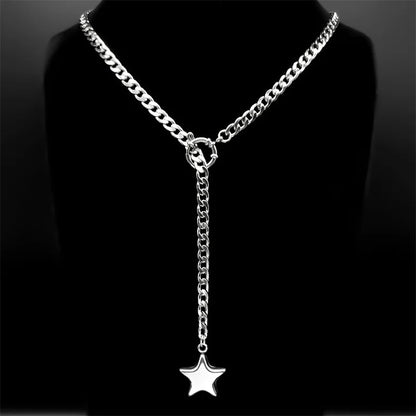 Heart Star O-ring Long Chain For Women Men Punk Rock Necklace Stainless Steel Cuban Necklaces Simple Adjustable Y-Necklace