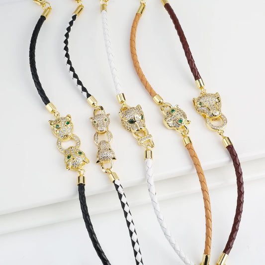 Adjustable Leather Rope Braided Zirconia Animal Leopard Head Bully Bracelet Fashion for Man Woman Party Jewelry Gift Daily Wear