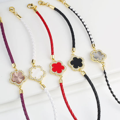 INS Hot Sale Shiny Zirconia Five-Leaf Flower Leather Adjustable Bracelet Classic Stone Plumeria Bracelet For Woman Jewelry Gift