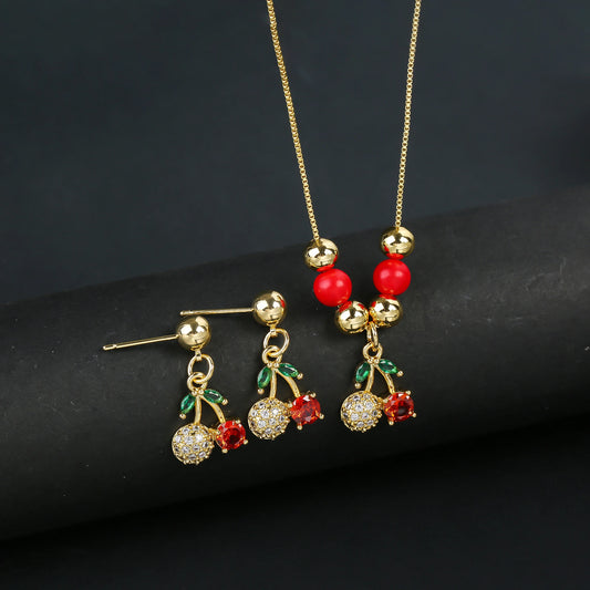 2pcs 22 Style Fashion Fruit Cherry Zircon Crystal Jewelry Set Earrings Necklace  For Women Female New Trend Party Jewelry Gift