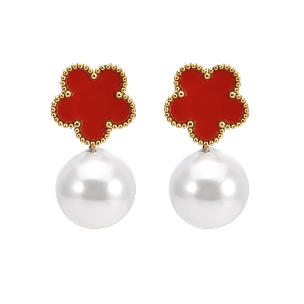 Hot Sale Stainless Steel Five Leaf Flower Pearl Drop Earrings Classic For Woman Clover Jewelry High Quality Party Wedding Gift