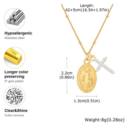 Zircon Cross Virgin Mary Pendant Necklace for Women,Stainless Steel Gold Plated Bead Chain Necklace, Religious Prayer Jewelry