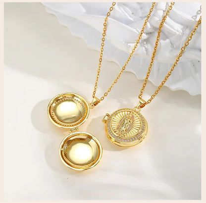 Round Zircon Virgin Mary Locked Pendant Necklace for Women, No Photo, Adjustable Link Jewelry