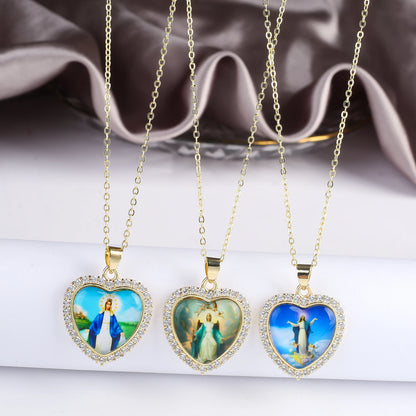 Fine Trendy Heart Shape Religious Figure Virgin Mary Pendant Necklace Fine Holiday Party Catholic Jewelry Gift Wholesale