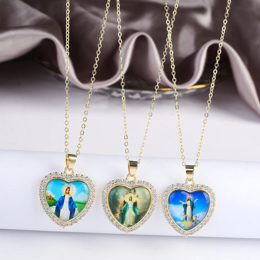 Fine Trendy Heart Shape Religious Figure Virgin Mary Pendant Necklace Fine Holiday Party Catholic Jewelry Gift Wholesale