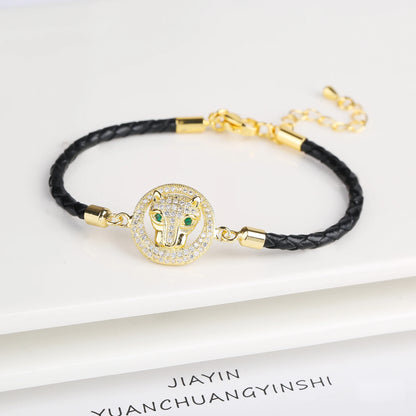Adjustable Leather Rope Braided Zirconia Animal Leopard Head Bully Bracelet Fashion for Man Woman Party Jewelry Gift Daily Wear