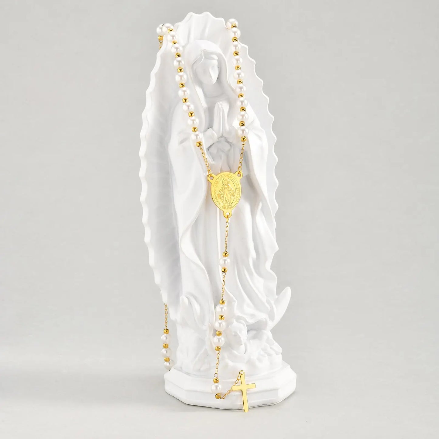 Imitation Pearl Beaded Chain Holy Virgin Mary Y-Shaped Necklace, Stainless Steel Cross Pendant Necklace,Religious Prayer Jewelry