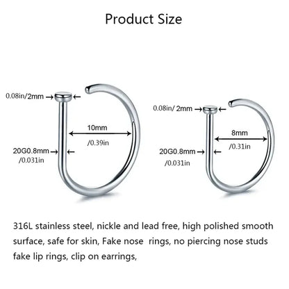 3-5Pcs Hypoallergenic 316L Stainless Steel Fake Piercing Nose Rings,D-Shape Septum Nose Ring Clip On Nose False Piercing Jewelry