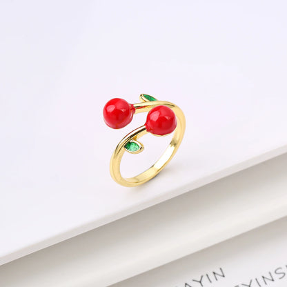 Sweet And Lovely Fruit Cherry Crystal Zirconia Opening Adjustable Ring Simple For Woman Girl Daily Party New Fashion Jewelry