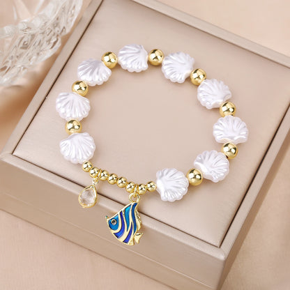New Trend White Shell Shape Beads Stretch Bracelet Ocean Theme Fish Crab Tree Beetle Charm Gold Color Copper Beads Bracelet