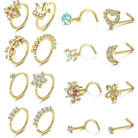 16 Pcs 20G 316 Stainless Steel Hypoallergenic Nose Studs Set