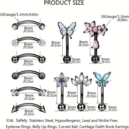 11Pcs 16G Colorful Butterfly Shape Curved Barbell Eyebrow Ring, Belly Lip Ring Inlaid Shiny Zircon Bling Bling Piercing Jewelry