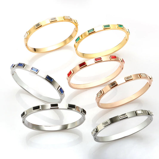Luxury Open Cuff Bangles Bracelets Crystal Zirconia Rose Gold Color Stainless Steel Bracelet for Women Men  Fashion Jewelry