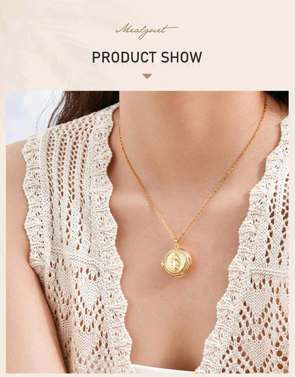 Round Zircon Virgin Mary Locked Pendant Necklace for Women, No Photo, Adjustable Link Jewelry