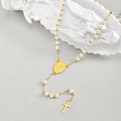 Imitation Pearl Beaded Chain Holy Virgin Mary Y-Shaped Necklace, Stainless Steel Cross Pendant Necklace,Religious Prayer Jewelry