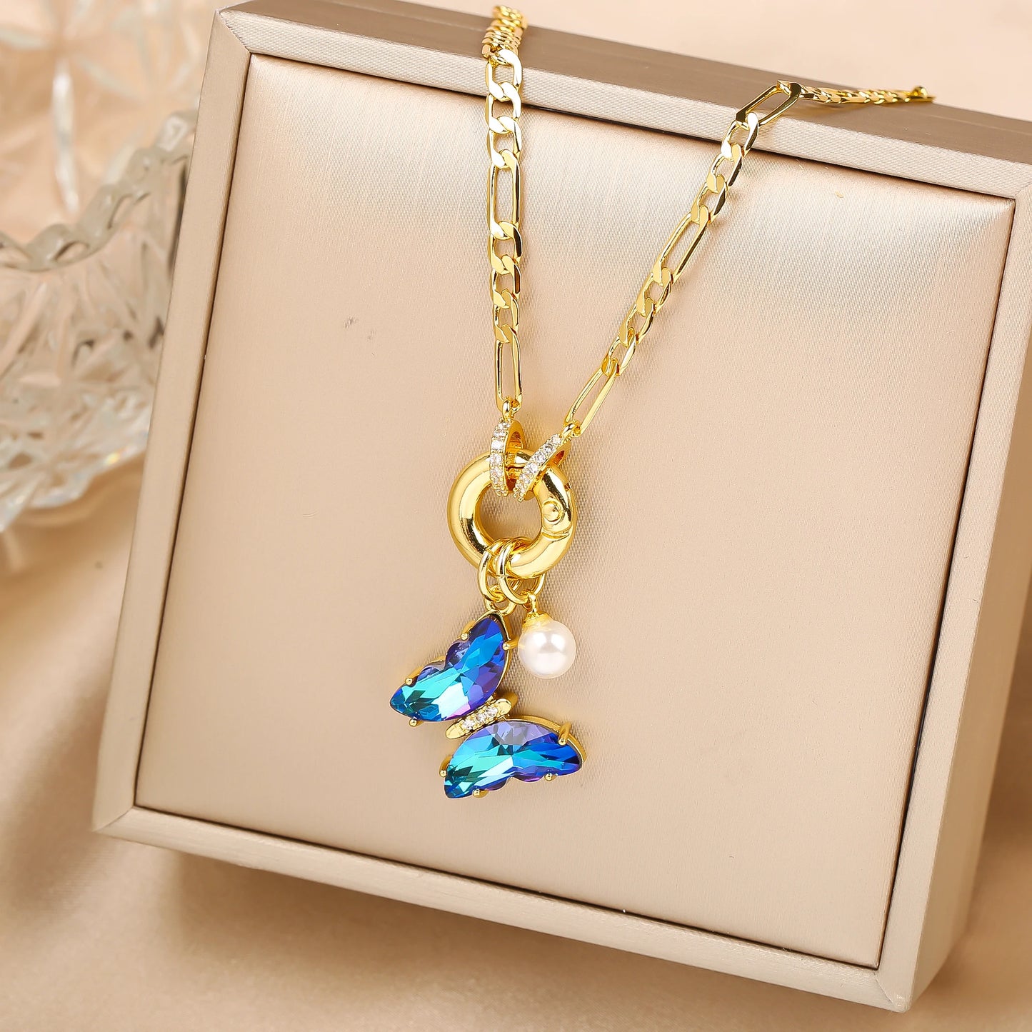 13 Color Cute Insect Butterfly Crystal Pearl Pendant Necklace Luxury for Woman Girl New Fashion Party Aesthetic Jewelry Gift