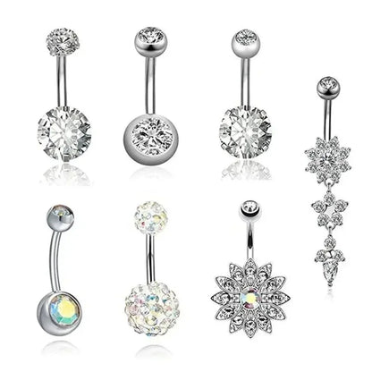 7Pcs Stainless Steel Zircon Navel Ring Set Gift,Vacation Beach Beach Jewelry