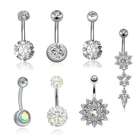 7Pcs Stainless Steel Zircon Navel Ring Set Gift,Vacation Beach Beach Jewelry
