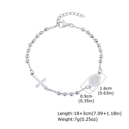 Vnox Stainless Steel Beaded Virgin Mary Bracelet,Charm Rosary Cross Chain Bracelet For Women,Religion Christ Three Color Jewelry