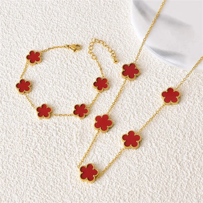 2/4Pcs 18K Gold Plated Five Leaf Flower Earring Necklace Bracelet Set for Women, Elegant Fashion Design Bracelet Jewelry Gifts