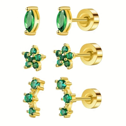 2/6 Pcs 20G 18K Hypoallergenicity Stainless Steel Zircon Stud Earring