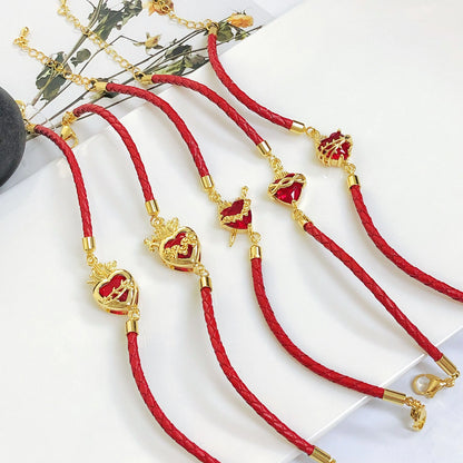 New Arrival Red Heart-Shaped Crystal Gold-Plated Flower Leaf Leather Bracelet Luxury For Women Girls Travel Vacation Jewelry