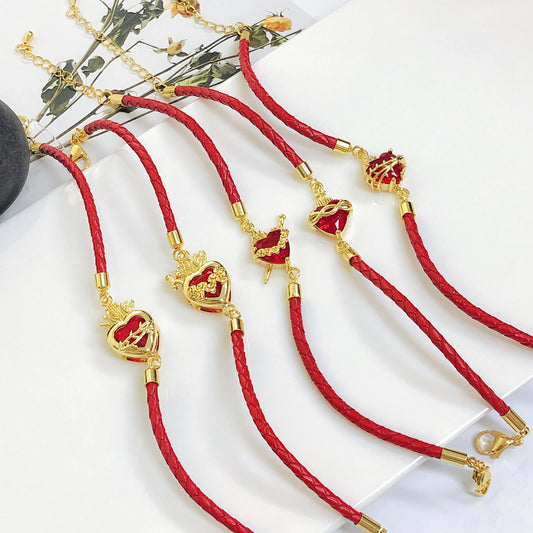 New Arrival Red Heart-Shaped Crystal Gold-Plated Flower Leaf Leather Bracelet Luxury For Women Girls Travel Vacation Jewelry