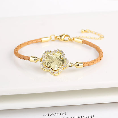 INS Hot Sale Shiny Zirconia Five-Leaf Flower Leather Adjustable Bracelet Classic Stone Plumeria Bracelet For Woman Jewelry Gift