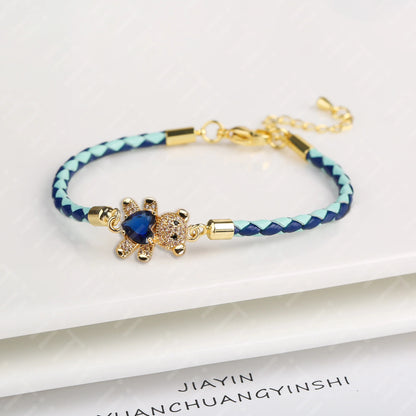 Adjustable Cute Crystal Cubic Zirconia Bear Leather Rope Bracelet Classic for Woman Girl Wrist Jewelry Daily Wear Drop Shipping