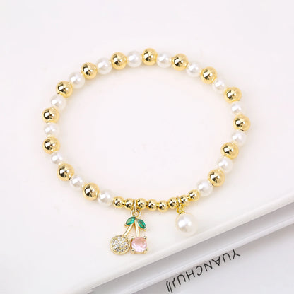Trendy Crystal Cherry Shape Heart Copper Beads Chain Pearls Bracelet For Women 15 Styles Choice Daily Versatile Jewelry Gift
