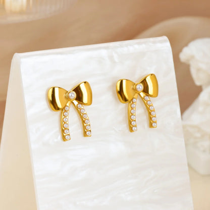 Free Shipping Imitation Pearl Bow Stud Earrings For Women Stainless Steel Piercing Earring 2025 New Fashion Wedding Jewelry