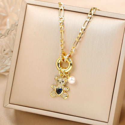 High Quality Shiny Crystal Zirconia Animal Cute Bear Pendant Necklace Choker for Woman Girl Holiday Lock Bone Chain Jewelry Gift