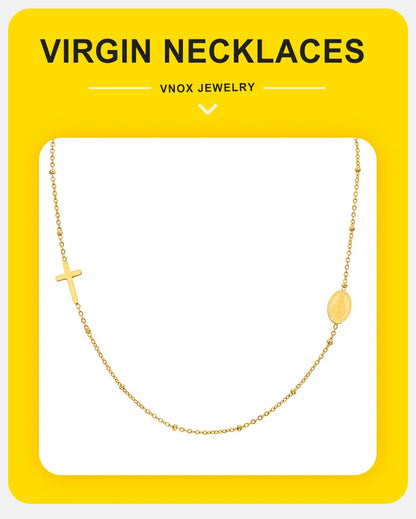 Vnox Dainty Sideway Cross Necklaces, Women's Virgin Mary Charm Collar, Adjustable Stainless Steel Jewelry