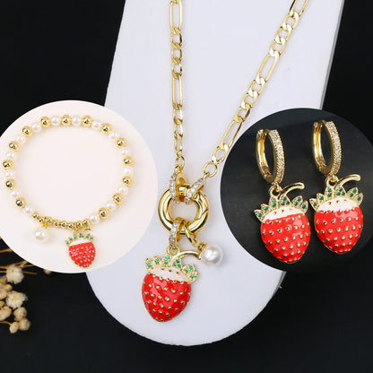 3pcs Hot Sale Shiny Zirconia Crystal Cherry Necklace Bracelet Earrings Jewelry Set Fashion for Woman Girl Wedding Lucky Jewelry